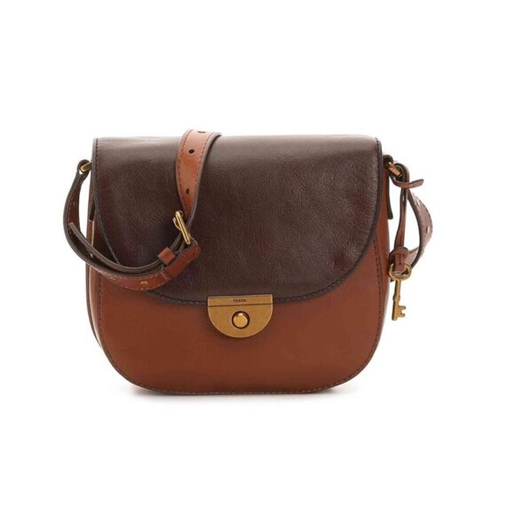 Fossil Women's Emi Multi Brown Color Block Crossbody Leather Handbag Saddle - Picture 1 of 10